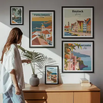 Europæiske bylandskaber billedsæt til ophængning over sofa