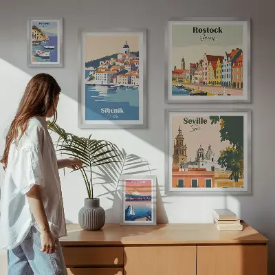 Landskaber i kystbyer billedsæt til montering over sofa