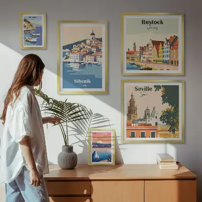 Landskaber i kystbyer billedsæt til montering over sofa