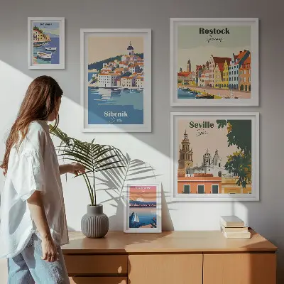 Landskaber i kystbyer billedsæt til montering over sofa