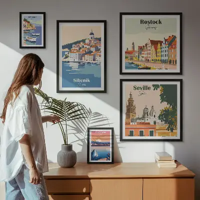 Landskaber i kystbyer billedsæt til montering over sofa