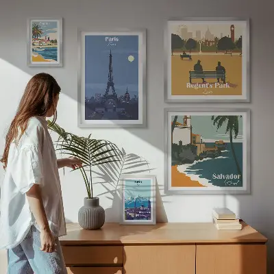 Billedsæt over sofa med europæiske retro ikonbyer