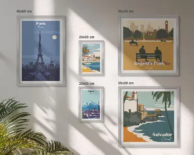 Billedsæt over sofa med europæiske retro ikonbyer