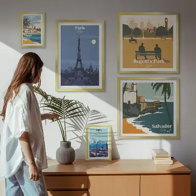 Billedsæt over sofa med europæiske retro ikonbyer