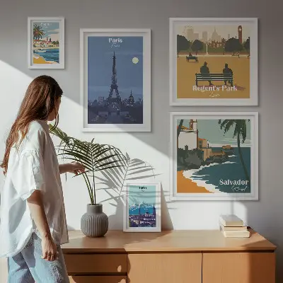 Billedsæt over sofa med europæiske retro ikonbyer