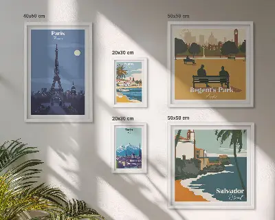 Billedsæt over sofa med europæiske retro ikonbyer