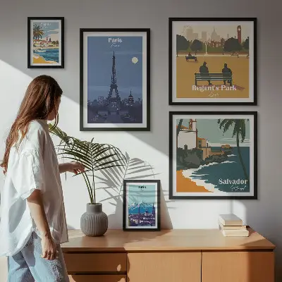 Billedsæt over sofa med europæiske retro ikonbyer