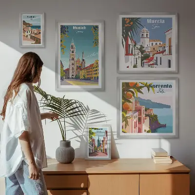 Billedsæt over sofa med motiver af europæisk arkitektur