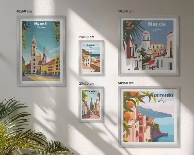 Billedsæt over sofa med motiver af europæisk arkitektur