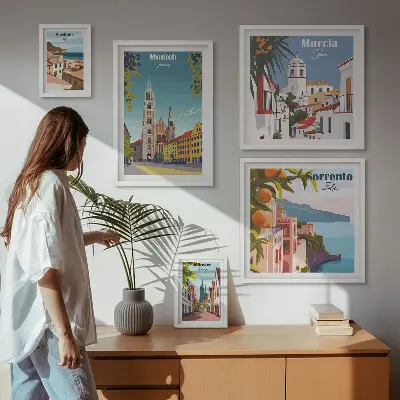 Billedsæt over sofa med motiver af europæisk arkitektur