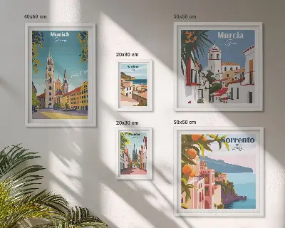 Billedsæt over sofa med motiver af europæisk arkitektur