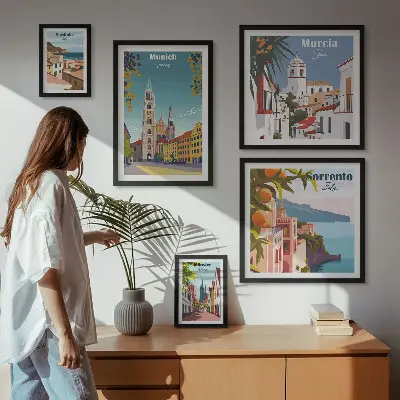 Billedsæt over sofa med motiver af europæisk arkitektur