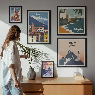 Europæiske bylandskaber billedsæt over sofa
