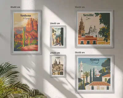 Billedkomposition til væg med turistlandskaber fra hele verden
