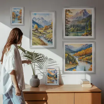 Billedsæt af bjerglandskaber i floddalen sæt til over sofaen