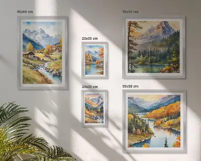 Billedsæt af bjerglandskaber i floddalen sæt til over sofaen