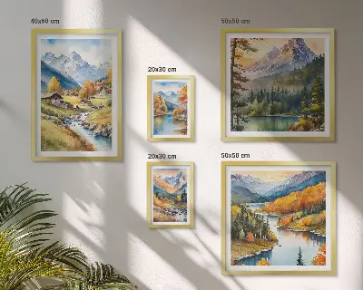 Billedsæt af bjerglandskaber i floddalen sæt til over sofaen