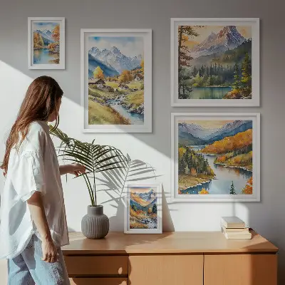 Billedsæt af bjerglandskaber i floddalen sæt til over sofaen