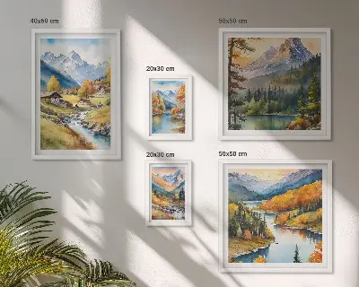 Billedsæt af bjerglandskaber i floddalen sæt til over sofaen