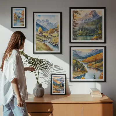 Billedsæt af bjerglandskaber i floddalen sæt til over sofaen