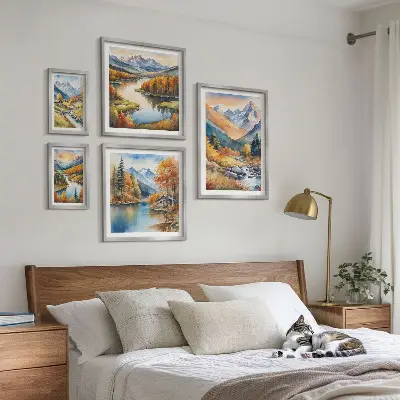 Billedkomposition til væg med efterårsbjerge, floder og huse