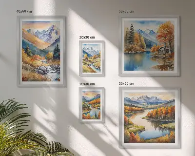 Billedkomposition til væg med efterårsbjerge, floder og huse