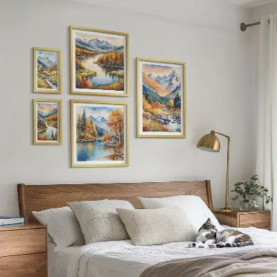 Billedkomposition til væg med efterårsbjerge, floder og huse