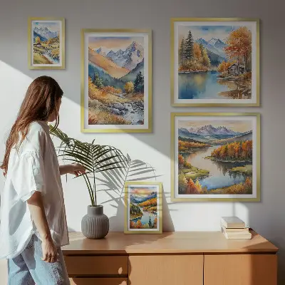 Billedkomposition til væg med efterårsbjerge, floder og huse