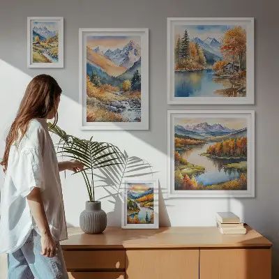 Billedkomposition til væg med efterårsbjerge, floder og huse