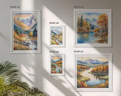 Billedkomposition til væg med efterårsbjerge, floder og huse