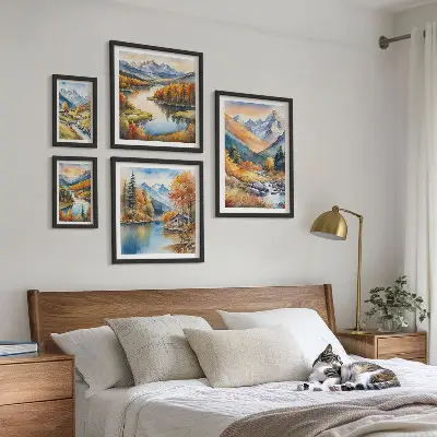 Billedkomposition til væg med efterårsbjerge, floder og huse