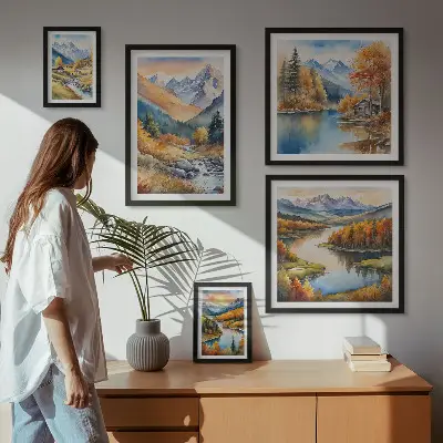 Billedkomposition til væg med efterårsbjerge, floder og huse