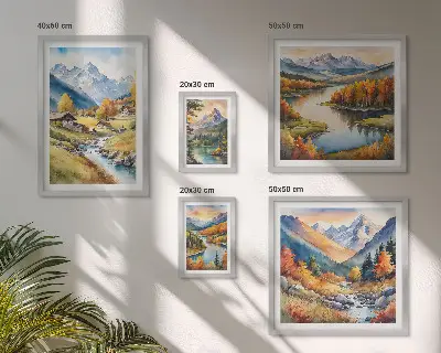 Billedkomposition til væggen landskaber med bjerge, floder og skove
