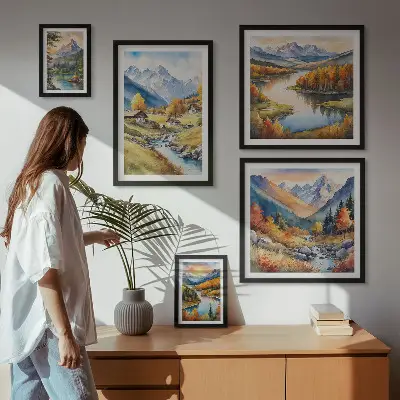 Billedkomposition til væggen landskaber med bjerge, floder og skove