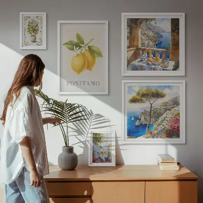 Billedkomposition til væg med citrus accenter i middelhavsstil