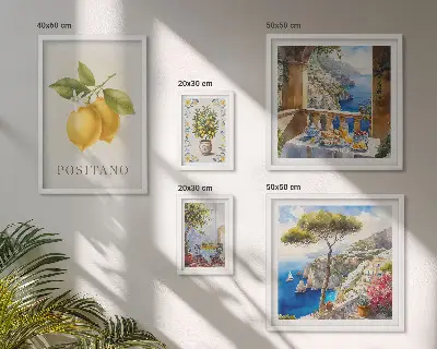 Billedkomposition til væg med citrus accenter i middelhavsstil