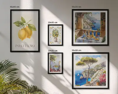 Billedkomposition til væg med citrus accenter i middelhavsstil