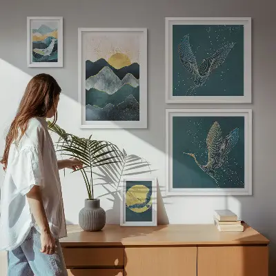 Billedsæt til væg over sofa med stilfuldt motiv af bjerge, fugle og sol