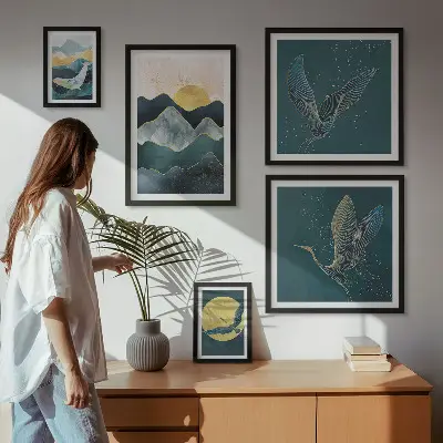 Billedsæt til væg over sofa med stilfuldt motiv af bjerge, fugle og sol