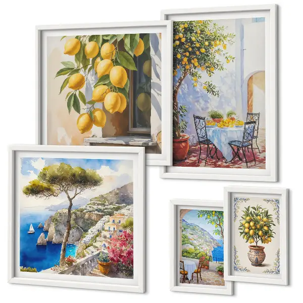 Billedkomposition til væg med citrus inspirationer og sol