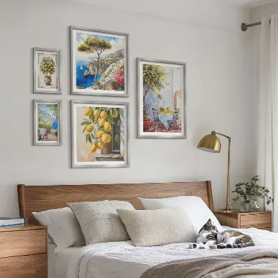 Billedkomposition til væg med citrus inspirationer og sol