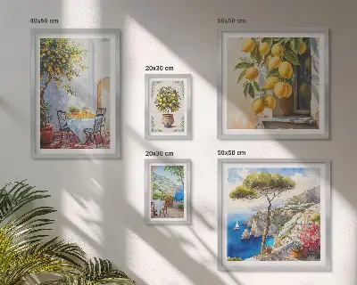 Billedkomposition til væg med citrus inspirationer og sol