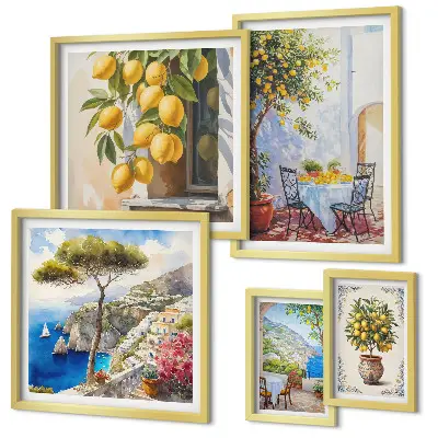 Billedkomposition til væg med citrus inspirationer og sol