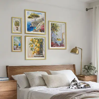 Billedkomposition til væg med citrus inspirationer og sol