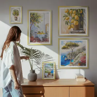 Billedkomposition til væg med citrus inspirationer og sol