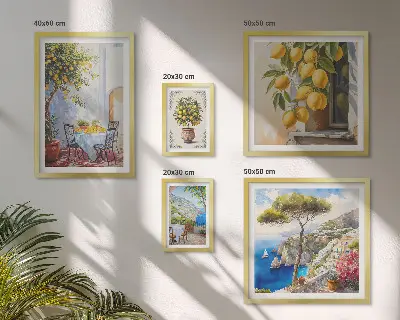 Billedkomposition til væg med citrus inspirationer og sol