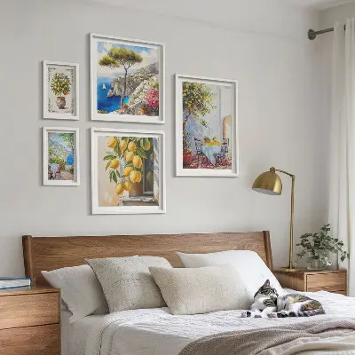 Billedkomposition til væg med citrus inspirationer og sol
