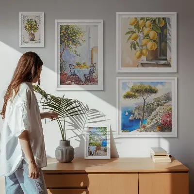 Billedkomposition til væg med citrus inspirationer og sol