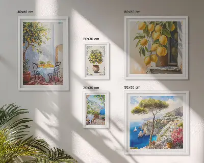 Billedkomposition til væg med citrus inspirationer og sol