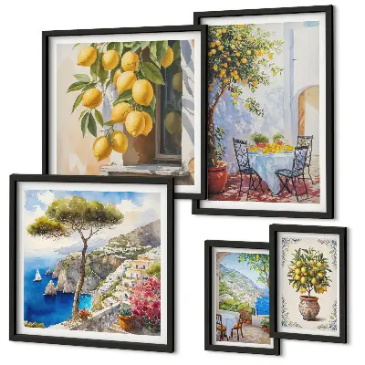 Billedkomposition til væg med citrus inspirationer og sol